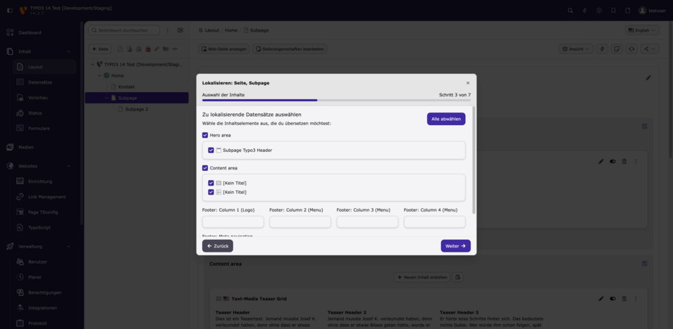 Screenshot einer TYPO3-Oberfläche zur Auswahl von lokalisierten Inhalten für eine Subseite mit verschiedenen Elementoptionen.