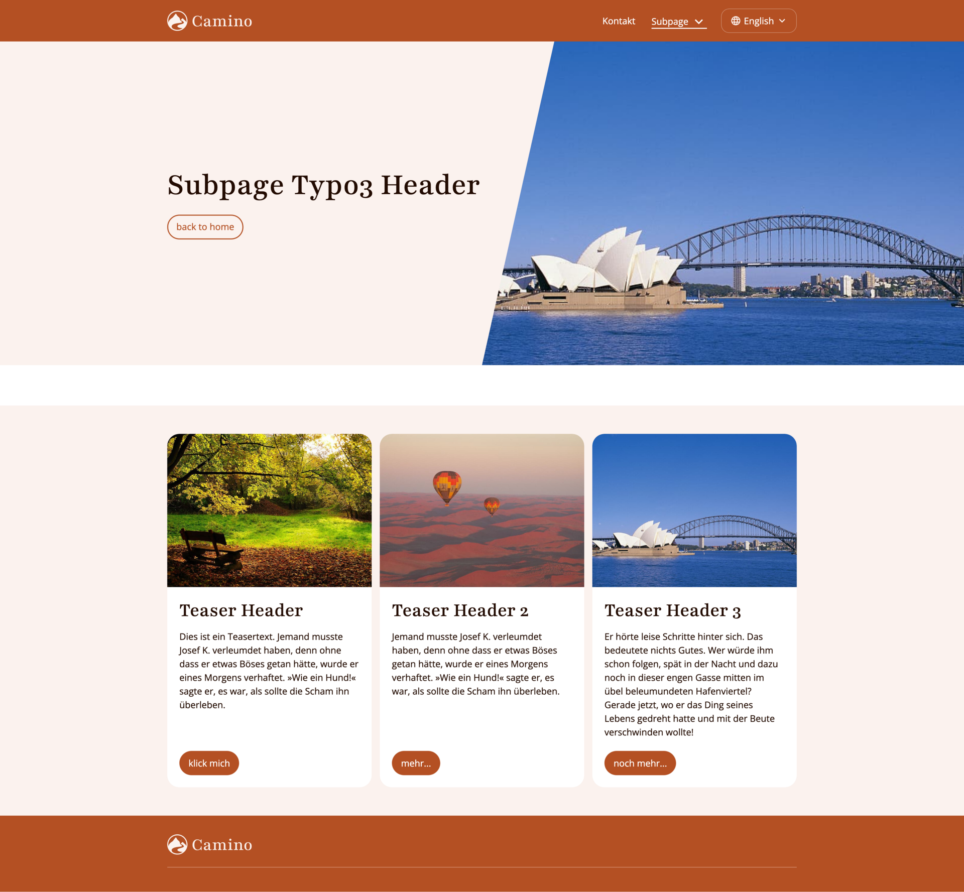 Header einer Webseite mit Bild der Sydney Opera House und der Harbour Bridge, darunter Teaser-Abschnitte.