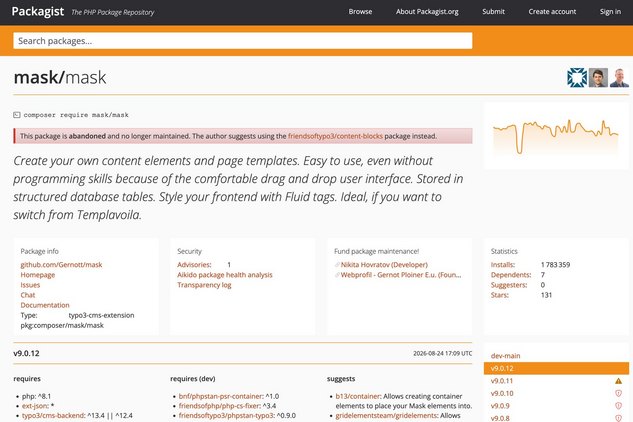 Screenshot einer Webseite von Packagist, die das PHP-Paket "mask" beschreibt, einschliesslich Status und Verwendungshinweisen.