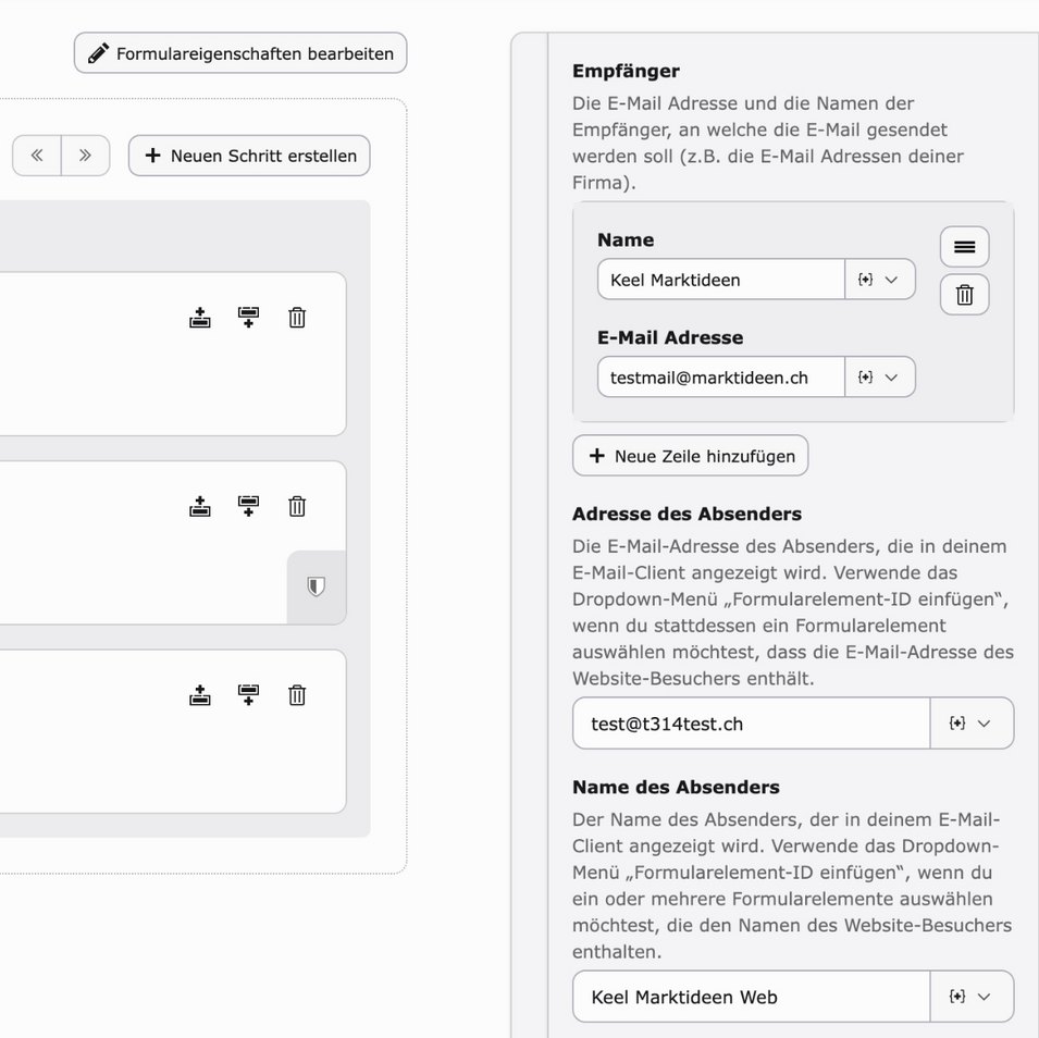 Screenshot eines Formulars zur Eingabe von E-Mail-Adressen und Empfängerdaten mit Optionen zur Bearbeitung.