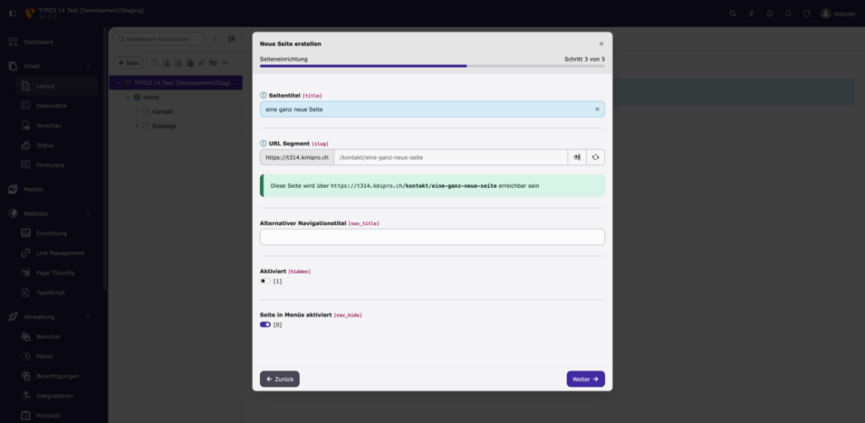 Screenshot der TYPO3-Oberfläche zur Erstellung einer neuen Seite mit Feldern für Titel, URL-Segment und weitere Einstellungen.