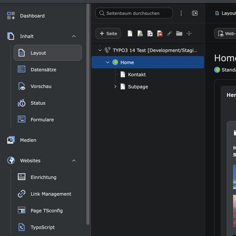 Screenshot der TYPO3-Oberfläche mit Menüs für Layout, Seiten und Medien. Hauptseite „Home“ ist ausgewählt.