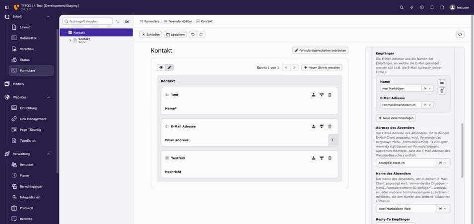 Screenshot eines Formular-Editors in TYPO3, der Eingabefelder für Kontaktinformationen anzeigt.