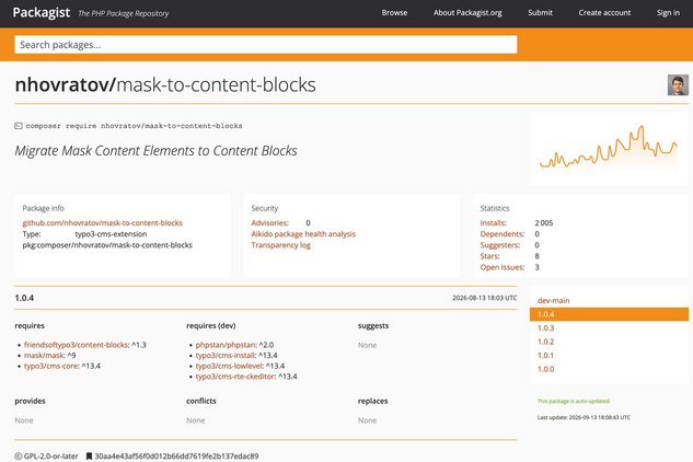 Screenshot der Packagist-Seite für das TYPO3-Plugin "nhovratov/mask-to-content-blocks" mit Package-Informationen und Statistiken.