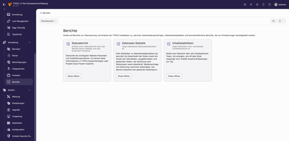 Screenshot der TYPO3-Berichte-Seite mit Optionen für Statusbericht, Datenbankstatistik und Inhaltsstatistiken.