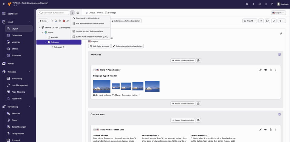Screenshot einer TYPO3-Oberfläche mit Navigationsoptionen und Inhalten für die Verwaltung von Webseiten.