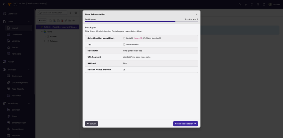 Dialogfeld zur Bestätigung der Erstellung einer neuen Seite in TYPO3 mit verschiedenen Einstellungen wie Titel und URL-Segment.