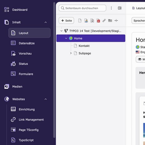 Screenshot einer TYPO3-Oberfläche mit dem Layout- und Inhaltsbereich sowie einer Seitenstruktur und Optionen für Unterseiten.