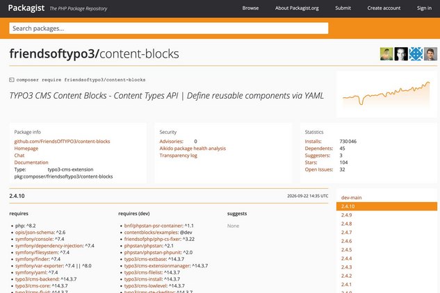 Screenshot der Packagist-Seite für das TYPO3 CMS Content Blocks-Paket, inklusive Installationsstatistiken und Abhängigkeiten.