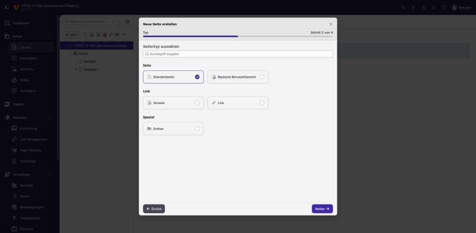 Ein Bildschirm zeigt ein Formular zur Erstellung einer neuen Seite in einem Backend-System mit verschiedenen Optionen.