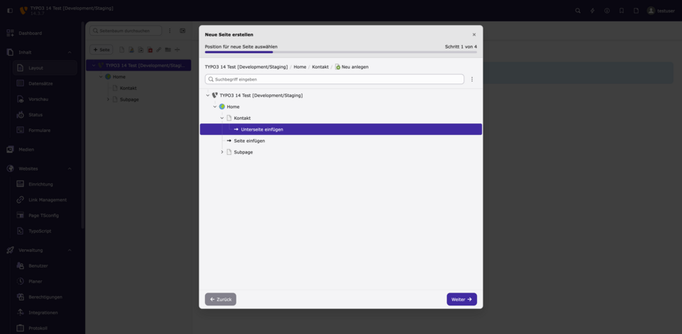 Screenshot der TYPO3-Oberfläche zum Erstellen einer neuen Seite mit Auswahloptionen für die Position und Unterseiten.