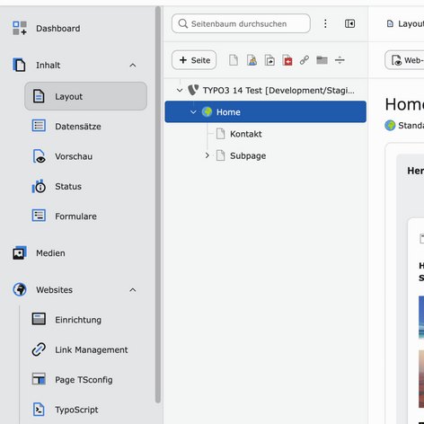 Screenshot des TYPO3 Dashboards mit Menüoptionen wie Layout, Daten, Medien und einer Inhaltsübersicht.
