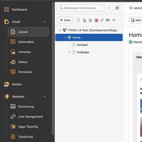 Screenshot eines TYPO3 Dashboards mit Menüpunkten wie "Layout", "Inhalt" und "Websites" auf der linken Seite.