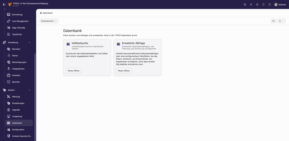 Bildschirmansicht der TYPO3-Datenbank mit Optionen zur Volltextsuche und erweiterten Abfragen für Benutzer.