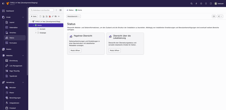 Schreibtischansicht der TYPO3-Statusübersicht mit Links zu Pagetree- und Lokalisierungsmodulen.