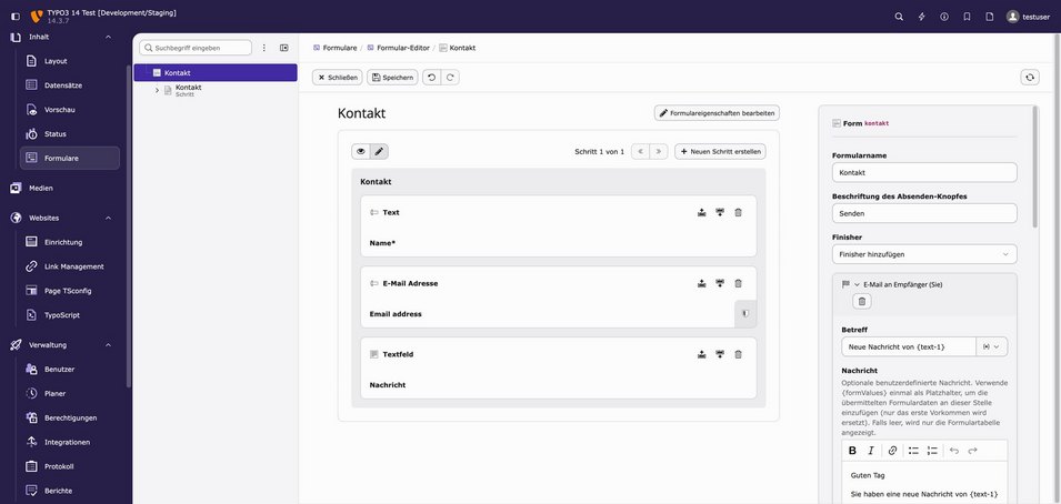 Screenshot eines Formular-Editors in TYPO3, der Eingabefelder für Name, E-Mail und Nachricht anzeigt.