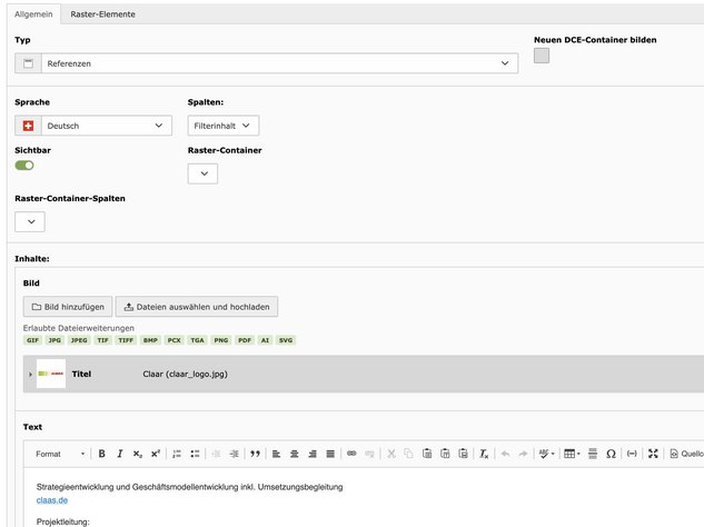 Der Screenshot zeigt ein Formular zur Erstellung von Inhalten, einschliesslich Bild-Upload und Texteingabefeldern.
