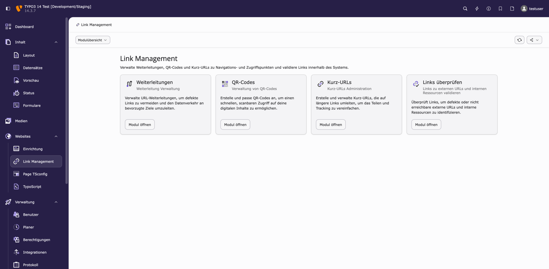 Screenshot des Link-Management-Moduls in TYPO3 mit Optionen für Weiterleitungen, QR-Codes, Kurz-URLs und Link-Überprüfungen.
