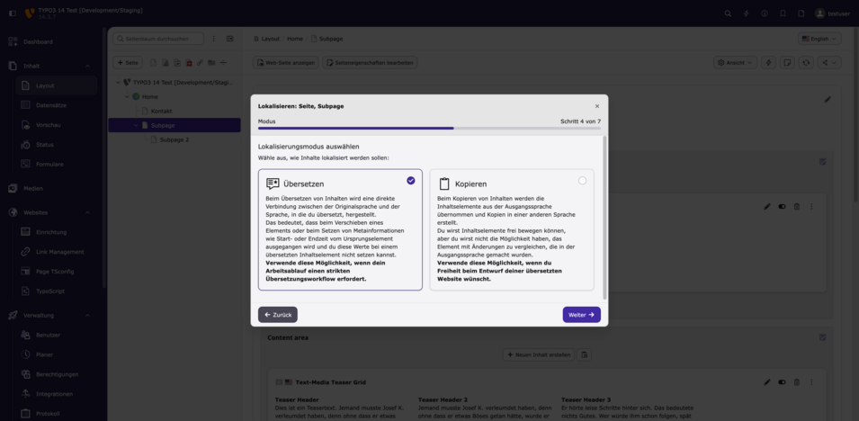 Screenshot eines TYPO3-Bildschirms, der Optionen zur Lokalisierung von Inhalten in einer Website zeigt.