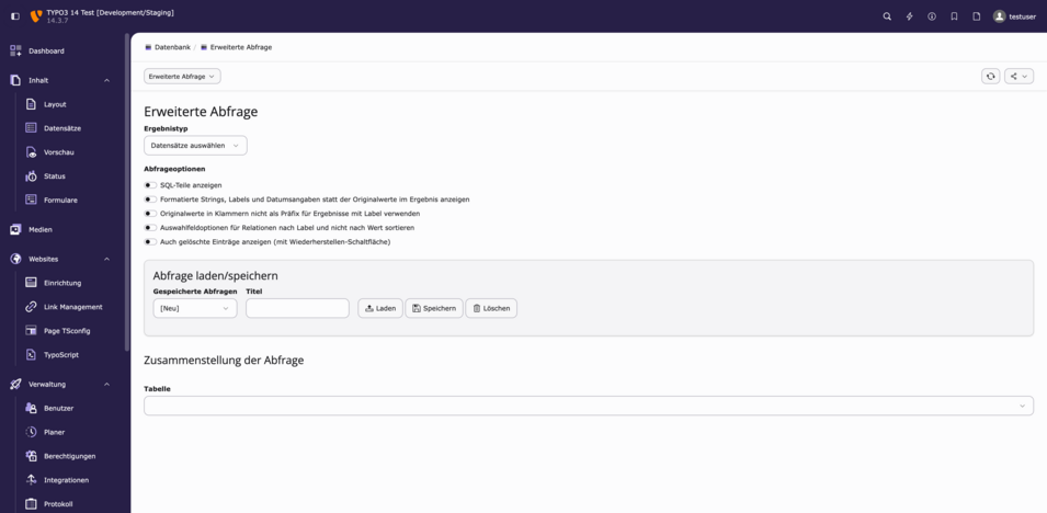 Screenshot der Benutzeroberfläche von TYPO3 für die erweiterte Abfrage mit verschiedenen Optionen zur Datenabfragenverwaltung.