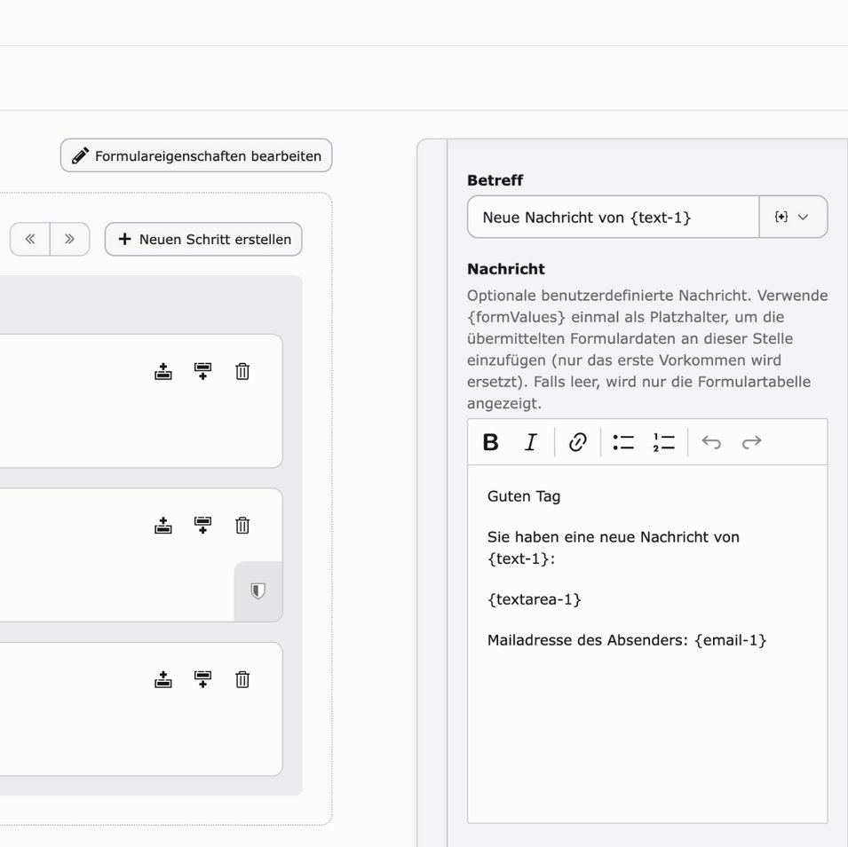 Screenshot eines Formulars zur Bearbeitung von Nachrichteneinstellungen mit Platzhaltern für Absender und Nachrichtentext.