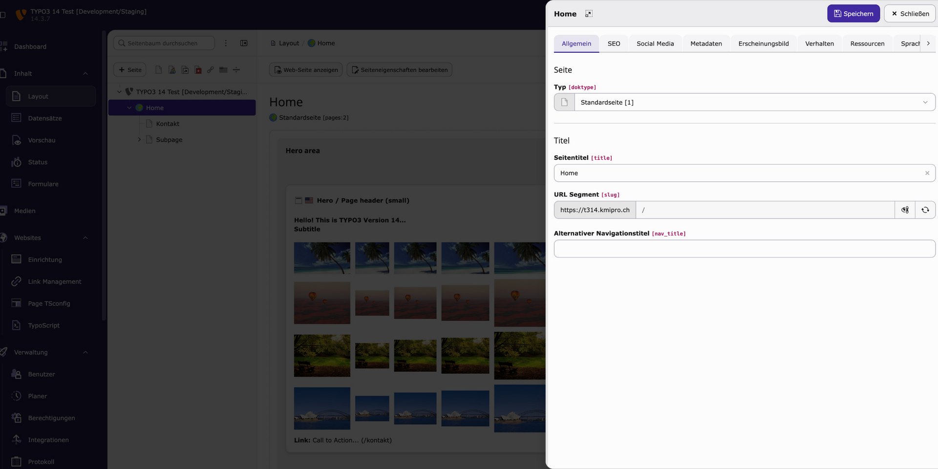 Screenshot einer Benutzeroberfläche mit TYPO3-Dashboard, das verschiedene Einstellungen und Medienoptionen zeigt.