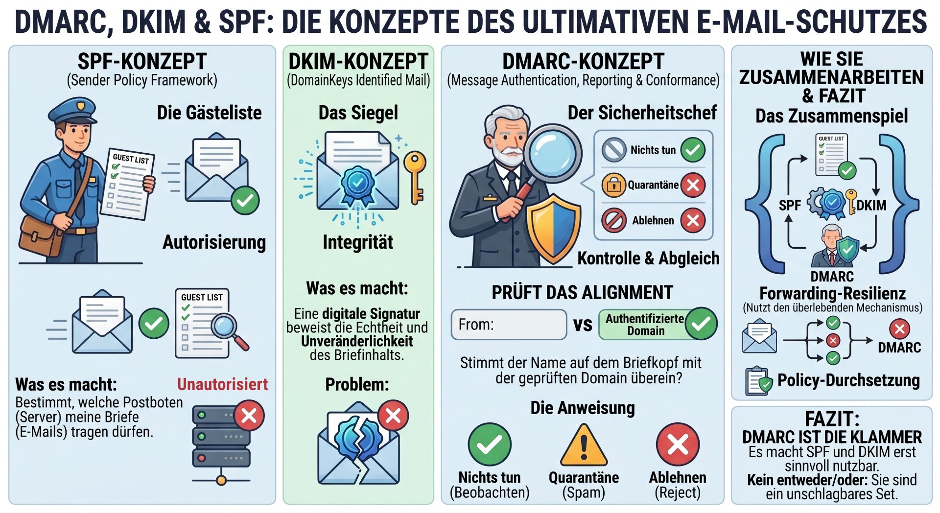 Grafik zu den Konzepten DMARC, DKIM und SPF, die zur Sicherung von E-Mail-Kommunikation und -Authentifizierung dienen.